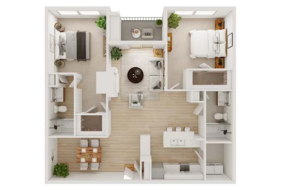 A top-down view of a small apartment with a kitchen, living room, and bathroom.
