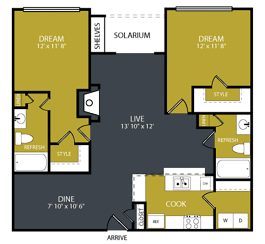 A floor plan of a house with a living room, dining room, kitchen, and two bedrooms.