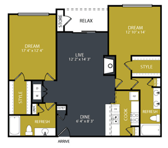 A floor plan of a house with labeled rooms such as RELAX, DREAM, STYLE, and DINE.