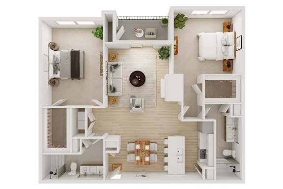 A top-down view of a small apartment with a kitchen, living room, and bathroom.