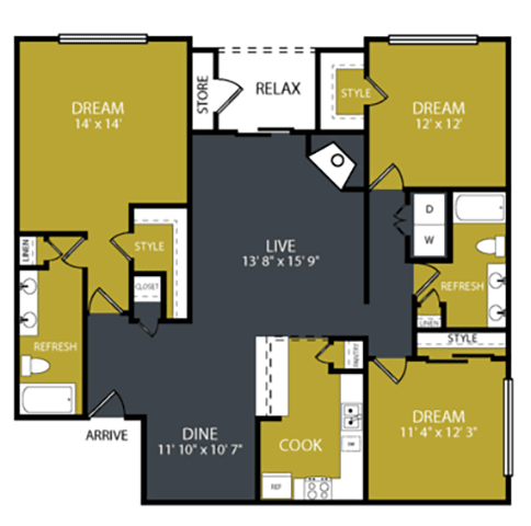 A floor plan of a house layout with labeled rooms such as "DREAM", "RELAX", "STYLE", "LIVE", "REFRESH", "DINE", and "COOK".