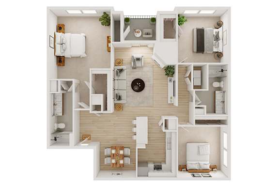 A top-down view of a small apartment with a kitchen, living room, and bathroom.