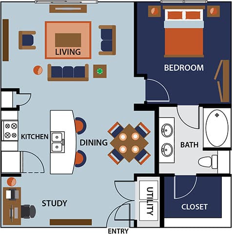 A diagram of a house layout with labeled rooms such as bedroom, kitchen, and study.