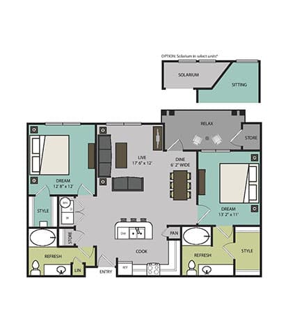 A floor plan of a house with a living room, dining room, kitchen, and bathrooms.
