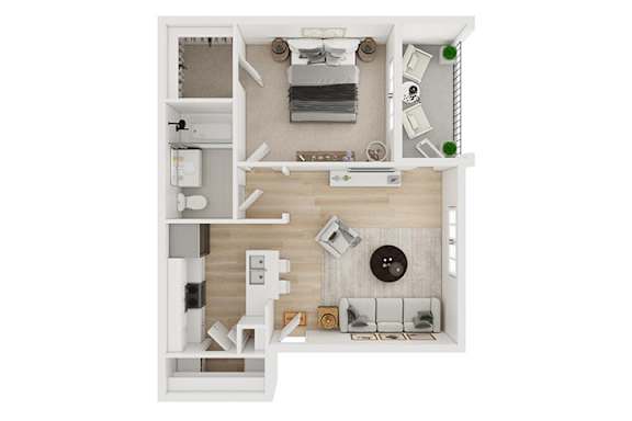 A white dollhouse with a kitchen, living room, and bathroom.