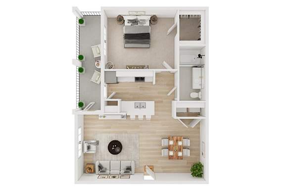 A top-down view of a modern apartment layout with a living room, kitchen, and dining area.