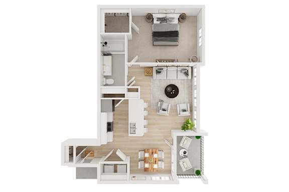 A floor plan of a house with a kitchen, living room, and two bedrooms.