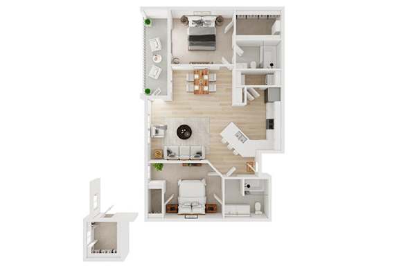 A floor plan of a house with a kitchen, living room, dining room, and two bedrooms.
