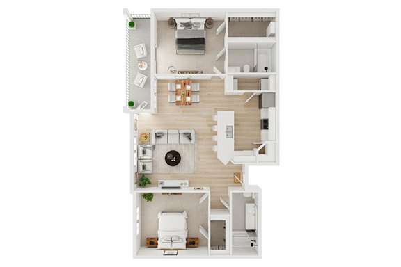A white and wood floor plan of a house with a kitchen, living room, and two bedrooms.