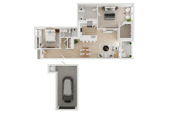 A top down view of a house with a garage.