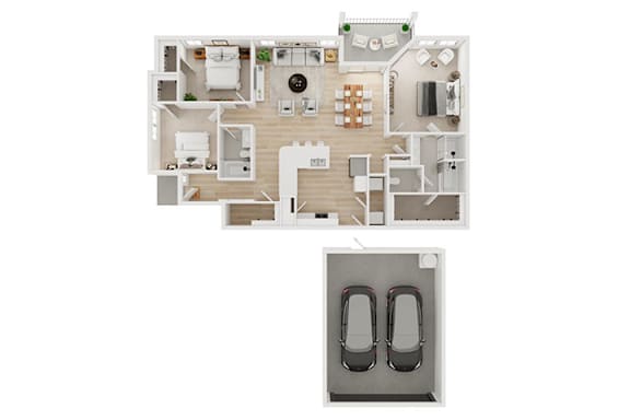 A floor plan of an apartment with two bedrooms, a living room, a kitchen, and a bathroom.