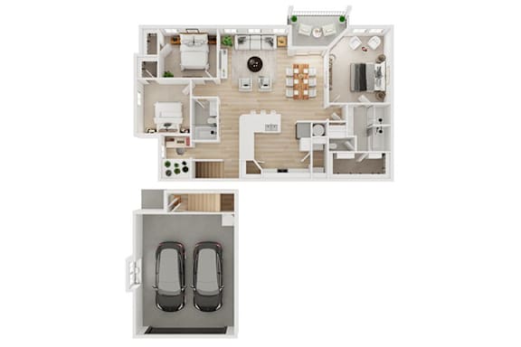 A floor plan of a house with a kitchen, living room, and two bedrooms.