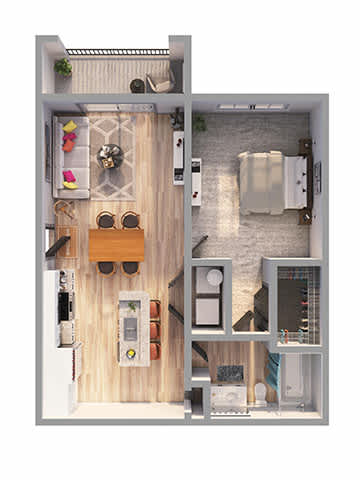 A small apartment with a kitchen, living room, and bathroom.