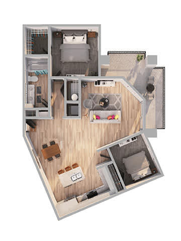A top down view of a small apartment with a kitchen, living room, and bedroom.