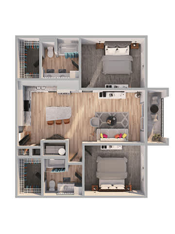 A 3D floor plan of a small apartment with a kitchen, living room, and bathroom.