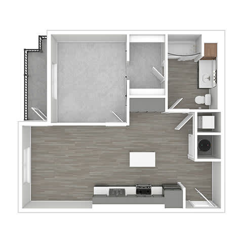 A floor plan of a small apartment with a kitchen, living room, and bathroom.