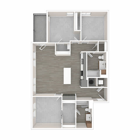 A floor plan of a house with a kitchen, living room, and two bedrooms.