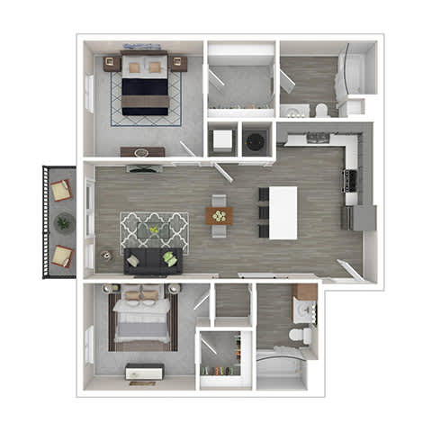 A top-down view of a house layout with a living room, kitchen, and bedrooms.