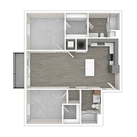 A floor plan of a small apartment with a kitchen, living room, and bathroom.