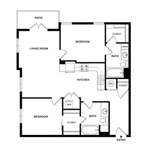 A black and white image of a house floor plan with a patio, living room, kitchen, two bedrooms, and two bathrooms.