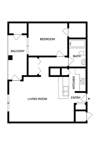 A floor plan of a small apartment with a living room, kitchen, bedroom, and bathroom.