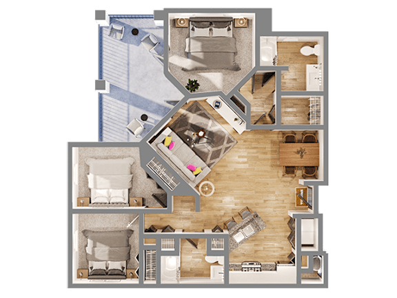 Floor Plan  A top-down view of a house layout with multiple rooms and furniture.