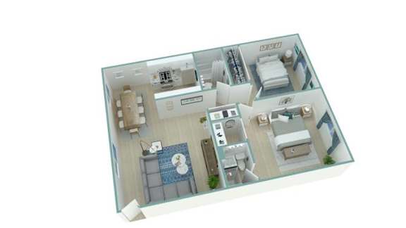 A 3D model of a house layout with a kitchen, living room, and bathroom.