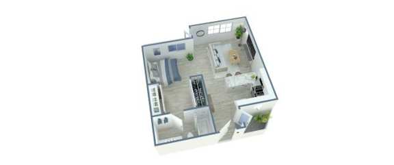 A 3D floor plan of a house with a kitchen, living room, and two bedrooms.
