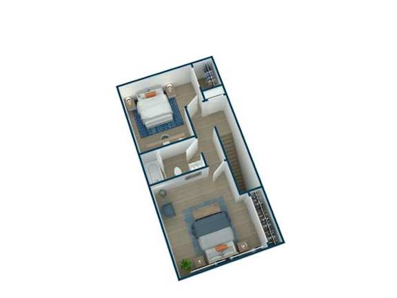A 3D floor plan of a house with two bedrooms and two bathrooms.
