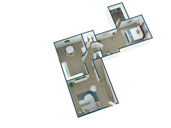 A floor plan of a house with a kitchen, living room, and two bedrooms.