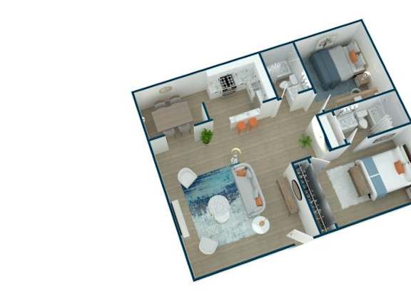 A top-down view of a house with a kitchen, living room, and bathroom.
