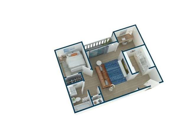 A blue and white floor plan of a house with a kitchen, living room, and bathroom.