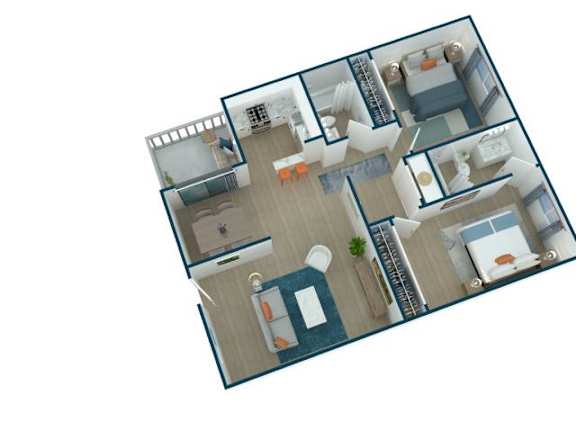 A top-down view of a house layout with a kitchen, living room, and bedrooms.