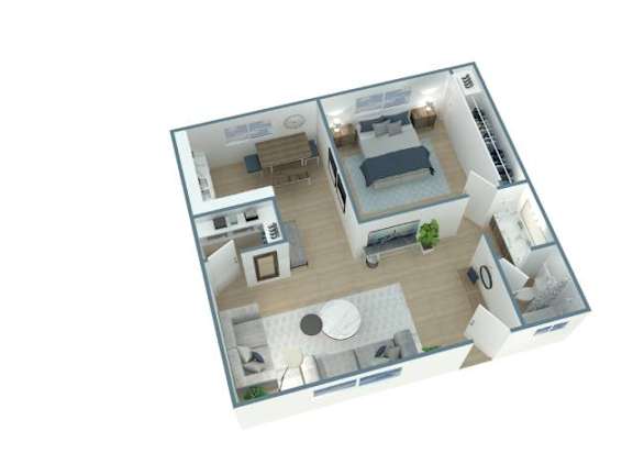 A 3D floor plan of a small apartment with a bedroom, living room, and kitchen.
