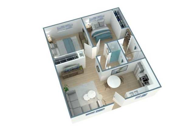 A 3D floor plan of a house with a kitchen, living room, and bedrooms.