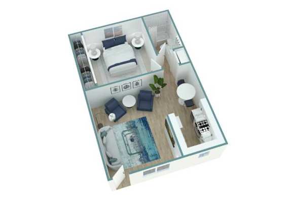 A 3D floor plan of a small apartment with a kitchen, living room, and bathroom.