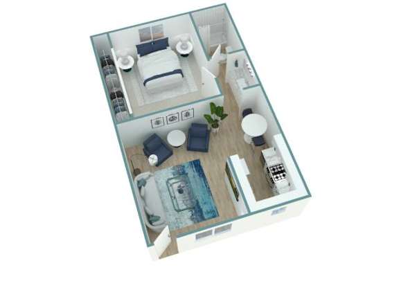 A 3D floor plan of a small apartment with a kitchen, living room, and bathroom.