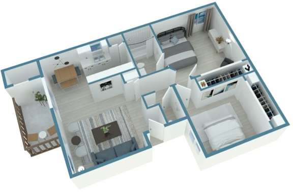 A 3D floor plan of a house with a kitchen, living room, and bedrooms.