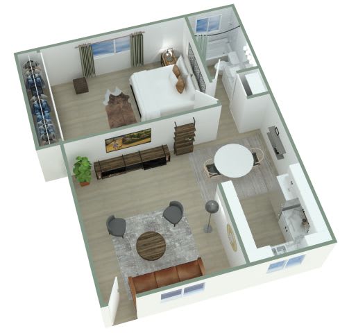 A 3D floor plan of a small apartment with a living room, kitchen, and bathroom.