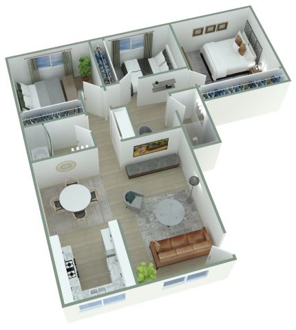 A 3D floor plan of a house with a living room, kitchen, and bathroom.