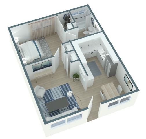 A 3D floor plan of a small apartment with a bedroom, living room, kitchen, and bathroom.