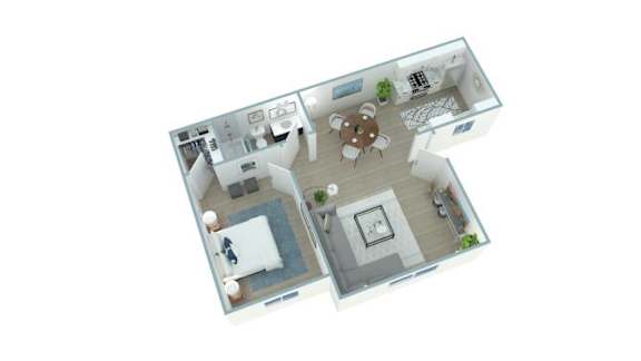 A 3D floor plan of a house with a kitchen, living room, dining room, and bathroom.