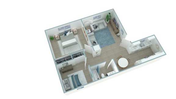A 3D floor plan of a house with a swimming pool.