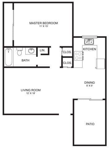 A floor plan of a small apartment with a master bedroom, living room, kitchen, dining room, and patio.