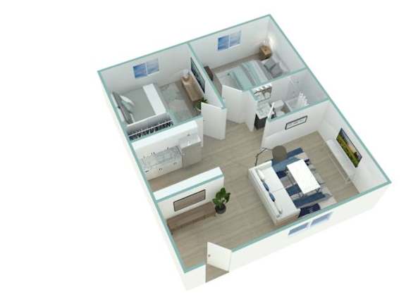 A 3D floor plan of a house with a kitchen, living room, and bedrooms.