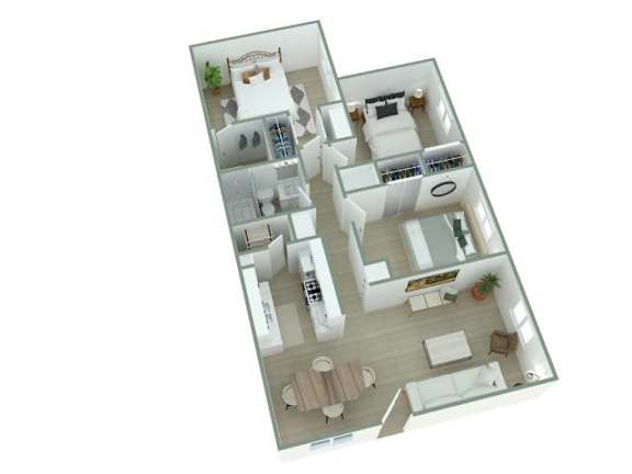 Floor Plan  A top-down view of a house interior with a living room, kitchen, and bedrooms.