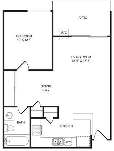 A floor plan of a house with a bedroom, living room, dining room, kitchen, bathroom, and patio.