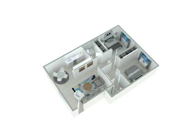 A 3D model of a house with a kitchen, living room, and bathroom.