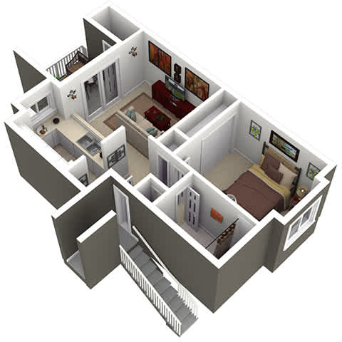 A 3D floor plan of a house with multiple rooms.