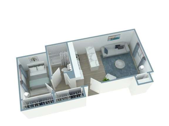 A 3D floor plan of a house with a kitchen, living room, and bathroom.